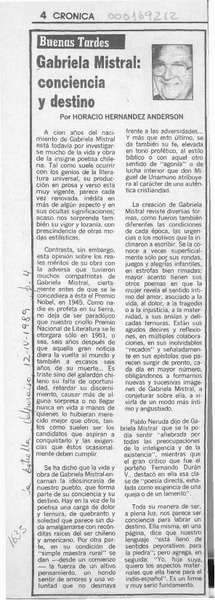 Gabriela Mistral, conciencia y destino  [artículo] Horacio Hernández Anderson.