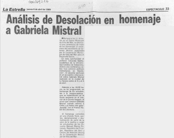 Análisis de Desolación en homenaje a Gabriela Mistral  [artículo].