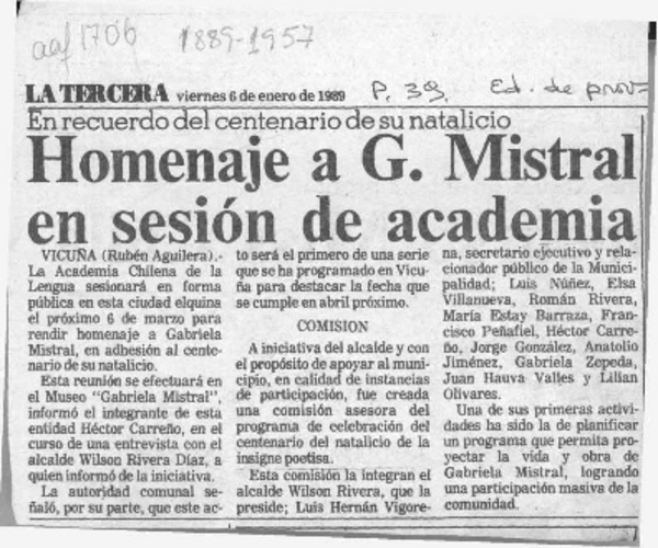 Homenaje a G. Mistral en sesión de Academia  [artículo] Rubén Aguilera.