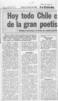 Hoy todo Chile celebra natalicio de la gran poetisa Gabriela Mistral  [artículo].