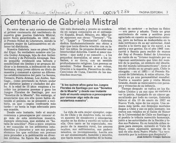 Centenario de Gabriela Mistral  [artículo] José Antonio Crespo Ganuza.