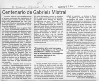 Centenario de Gabriela Mistral  [artículo] José Antonio Crespo Ganuza.