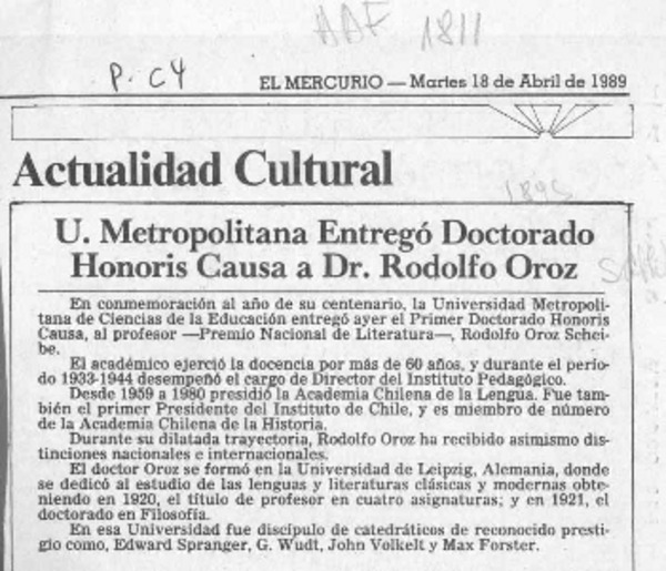U. Metropolitana entregó doctorado Honoris Causa a Dr. Rodolfo Oroz  [artículo].
