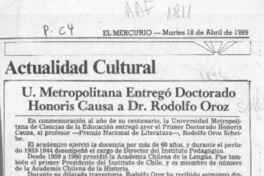 U. Metropolitana entregó doctorado Honoris Causa a Dr. Rodolfo Oroz  [artículo].