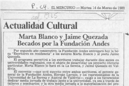 Marta Blanco y Jaime Quezada becados por la Fundación Andes  [artículo].