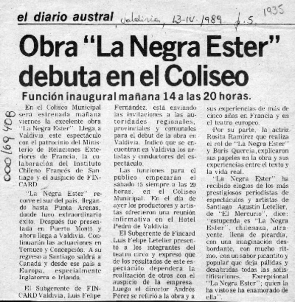 Obra "La Negra Ester" debuta en el Coliseo  [artículo].