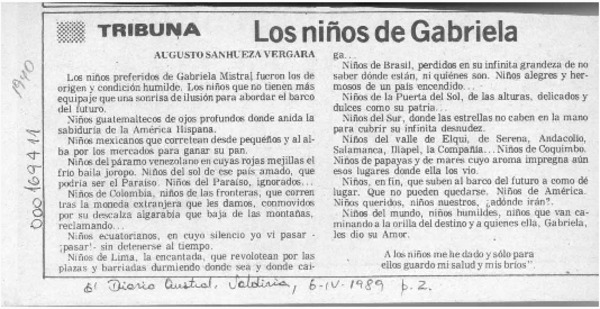 Los niños de Gabriela  [artículo] Augusto Sanhueza Vergara.