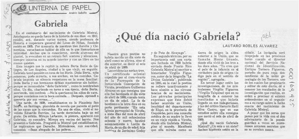 Qué día nació Gabriela?  [artículo] Lautaro Robles Alvarez.