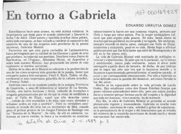 En torno a Gabriela  [artículo] Eduardo Urrutia Gómez.