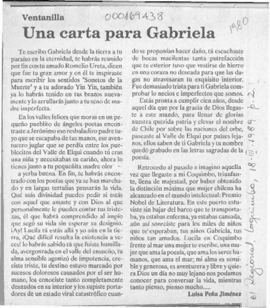 Una carta para Gabriela  [artículo] Luisa Peña Jiménez.