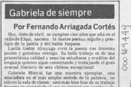 Gabriela de siempre  [artículo] Fernando Arriagada Cortés.