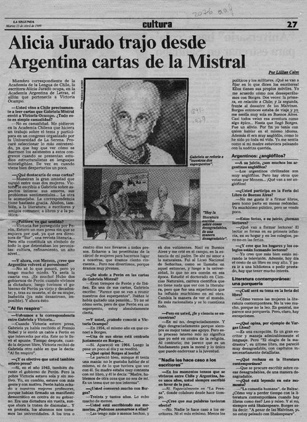Alicia Jurado trajo desde Argentina cartas de la Mistral