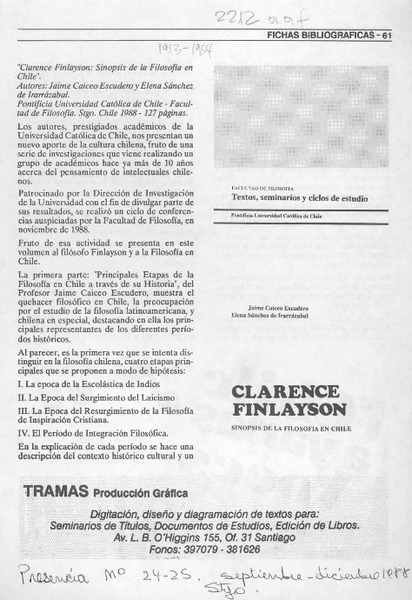 "Clarence Finlayson, sinopsis de la filosofía en Chile"