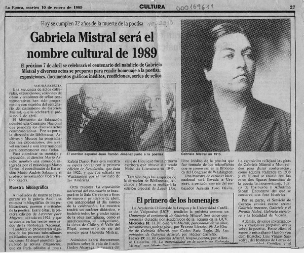 Gabriela Mistral será el nombre cultural de 1989  [artículo] Maura Brescia.