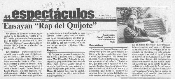Ensayan "Rap del Quijote"  [artículo].