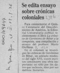 Se edita ensayo sobre crónicas coloniales  [artículo].
