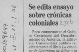 Se edita ensayo sobre crónicas coloniales  [artículo].