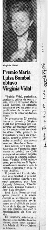 Premio María Luisa Bombal obtuvo Virginia Vidal  [artículo].