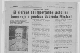 El Viernes es importante acto en homenaje a poetisa Gabriela Mistral