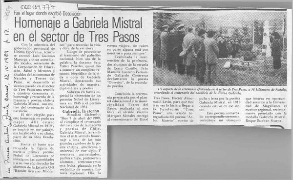 Homenaje a Gabriela Mistral en el sector de Tres Pasos  [artículo].