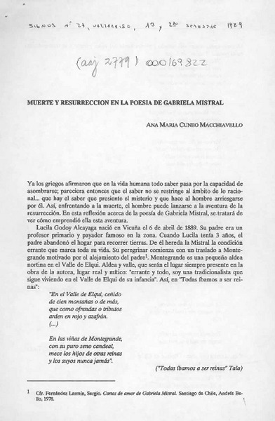 Muerte y resurrección en la poesía de Gabriela Mistral  [artículo] Ana María Cuneo Macchiavello.