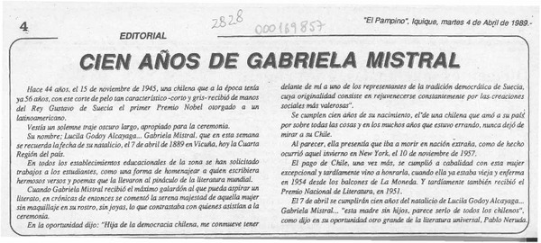 Cien años de Gabriela Mistral  [artículo].