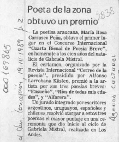 Poeta de la zona obtuvo un premio  [artículo].