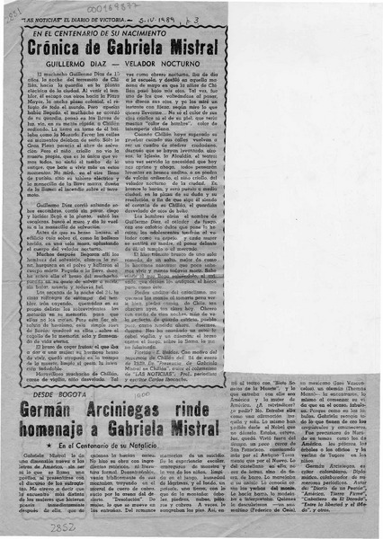 Crónica de Gabriela Mistral  [artículo] Guillermo Díaz.