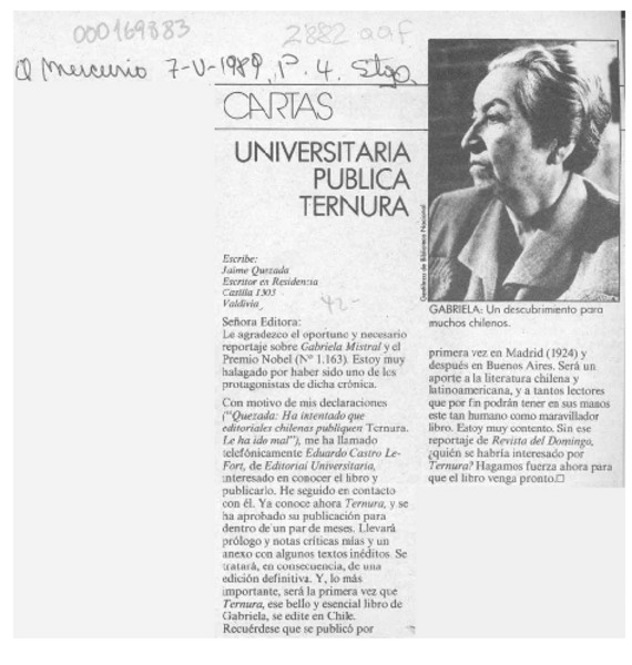 Universitaria publica Ternura  [artículo] Jaime Quezada.