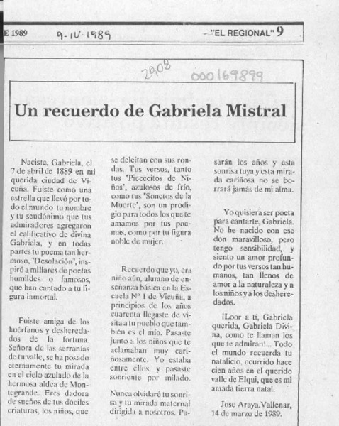 Un recuerdo de Gabriela Mistral  [artículo] José Araya.