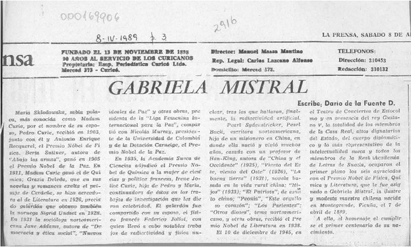 Gabriela Mistral  [artículo] Darío de la Fuente D.