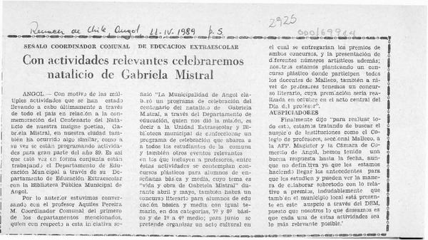 Con actividades relevantes celebraremos natalicio de Gabriela Mistral  [artículo].