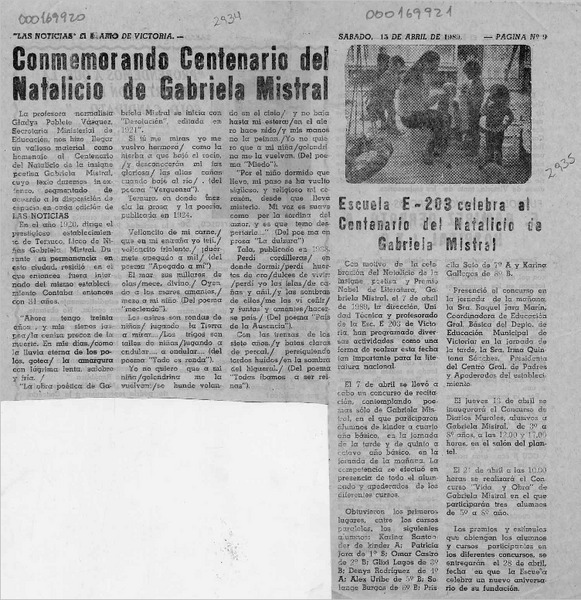 Conmemorando centenario del natalicio de Gabriela Mistral  [artículo].