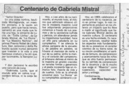 Centenario de Gabriela Mistral  [artículo] Juan Meza Sepúlveda.