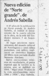 Nueva edición de "Norte grande", de Andrés Sabella  [artículo].
