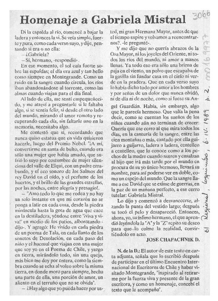 Homenaje a Gabriela Mistral  [artículo] José Chapochnik D.