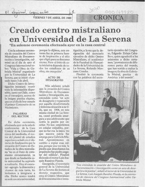 Creado centro mistraliano en Universidad de La Serena  [artículo].