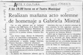 Realizan mañana acto solemne de homenaje a Gabriela Mistral  [artículo].