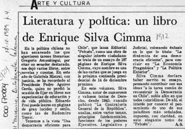 Literatura y política, un libro de Enrique Silva Cimma  [artículo] A. S.