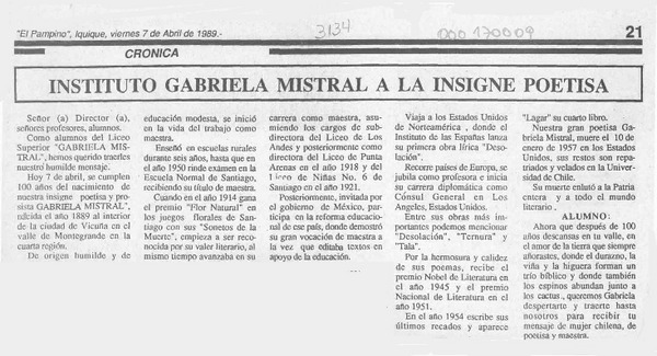 Instituto Gabriela Mistral a la insigne poetisa  [artículo].