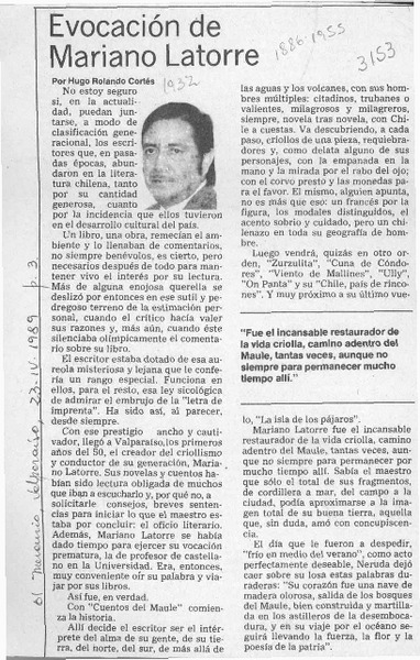 Evocación de Mariano Latorre  [artículo] Hugo Rolando Cortés.
