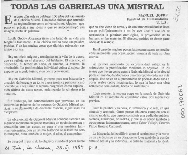 Todas las Gabrielas una Mistral  [artículo] Manuel Jofré.