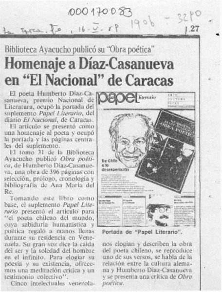 Homenaje a Díaz-Casanueva en "El Nacional" de Caracas  [artículo].
