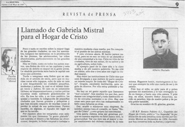 Llamado de Gabriela Mistral para el Hogar de Cristo  [artículo].