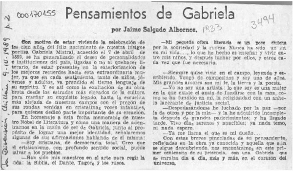 Pensamientos de Gabriela  [artículo] Jaime Salgado Albornoz.