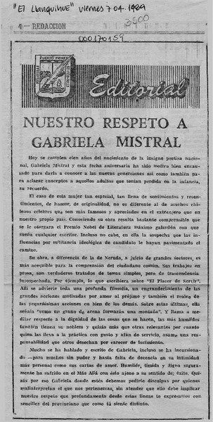Nuestro respeto a Gabriela Mistral  [artículo].