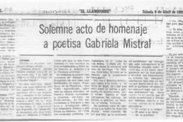 Solemne acto de homenaje a poetisa Gabriela Mistral  [artículo].