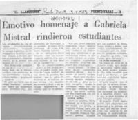 Emotivo homenaje a Gabriela Mistral rindieron estudiantes  [artículo].