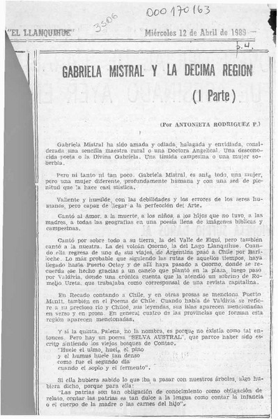 Gabriela Mistral y la Décima Región  [artículo] Antonieta Rodríguez P.