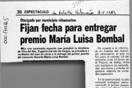Fijan fecha para entregar premio María Luisa Bombal  [artículo].